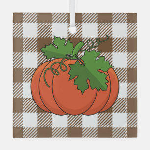 Ornement En Verre Citrouille orange sur motif à carreaux blanc marro