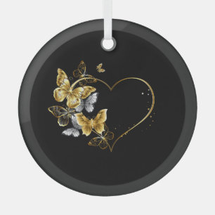 Ornement En Verre Coeur aux papillons d'or