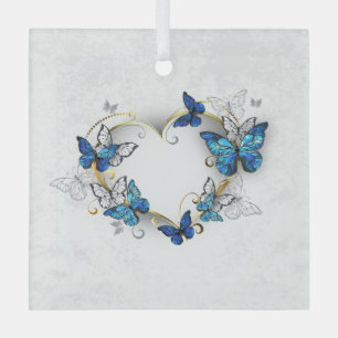 Ornement En Verre Coeur bijoux avec papillons Morpho