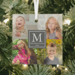 Ornement En Verre Collage de photos de famille<br><div class="desc">Collage photo de famille cadeaux monogrammes personnalisés avec nom de famille et année. Photos modèles via Pixabay sous licence CC0 et doivent être remplacées par vos propres photos</div>