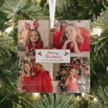 Ornement En Verre Collage photo personnalisé Noël<br><div class="desc">Décor moderne de Noël photo avec un design simple avec un collage photo de vos quatre photos préférées. Les photos carrés fonctionnent mieux. Au milieu se trouve le salut "Joyeux Noël" avec votre(s) nom(s) et année en rouge sur un arrière - plan blanc. Cet ornement de vacances personnalisé fait un...</div>
