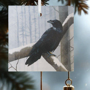 Ornement En Verre Corbeau noir serein de la forêt enneigée d'hiver 