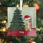Ornement En Verre Corgi mignon à Santa Hat Noël personnalisé<br><div class="desc">Ce beau chien de Pembroke Welsh Corgi a un mignon casquette du Père Noël et une adorable inclinaison de la tête. Le joli chiot est assis devant un magnifique sapin de Noël décoré de décorations colorées. Personnalisez le nom de votre animal de compagnie dans une jolie cursive sous le magnifique...</div>
