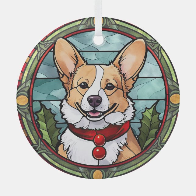 Ornement En Verre Corgi vitrail de Noël (Recto)