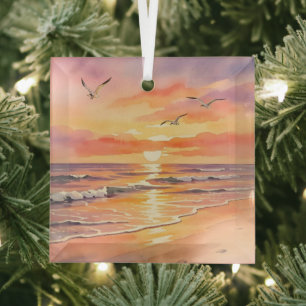 Ornement En Verre Coucher de soleil sur la plage avec des oiseaux