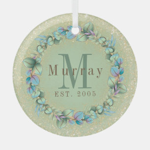 Ornement En Verre Couronne bleu vert monogramme d'eucalyptus