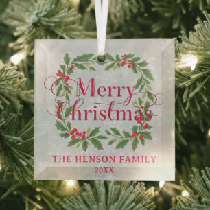 Ornement En Verre Couronne de houx élégante Joyeux Noël