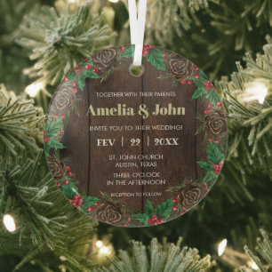 Ornement En Verre Couronne De Noël Faire-Part De Mariage Avec Du Pin