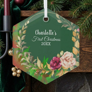 Ornement En Verre Couronne florale aquarelle de 1er Noël de bébé ver