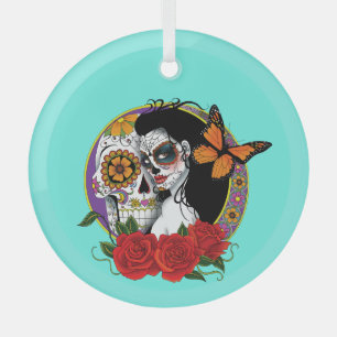 Ornement En Verre Crânes de sucre élégants Papillon monarch Roses ro