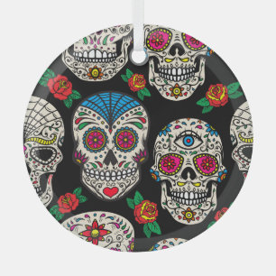 Ornement En Verre Crânes et Roses mexicains : Conception Vintage