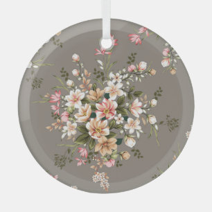 Ornement En Verre Crème, fleurs roses sur gris.