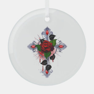 Ornement En Verre Croix d'argent avec une rose rouge