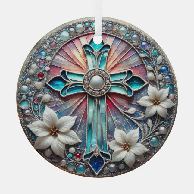 Ornement En Verre Croix de verre tendue avec Perles et Poinsettias (Verso)