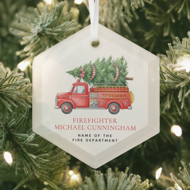 Ornement En Verre Custom Modern Firefighter Christmas Fire Truck  (Insitu)