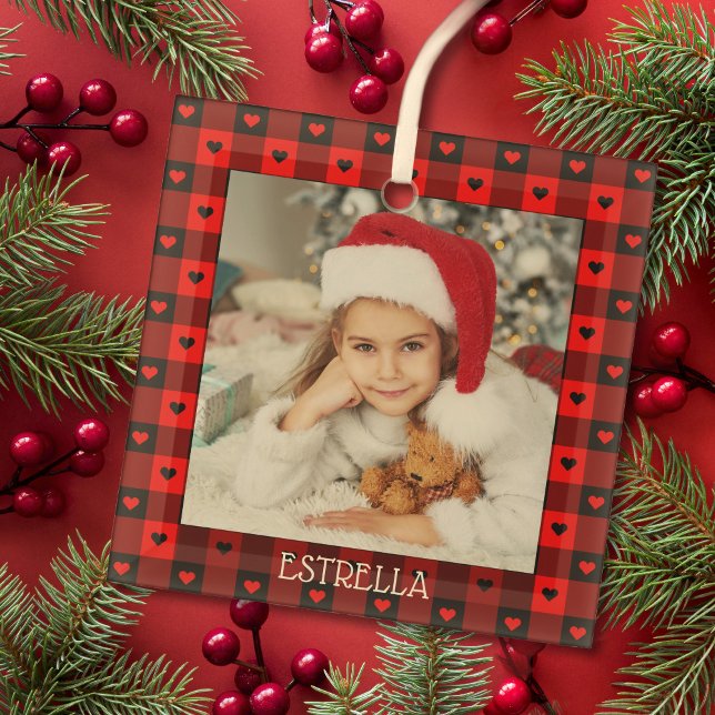 Ornement En Verre Cute Buffalo Plaid Coeurs de Noël personnalisé (Créateur téléchargé)