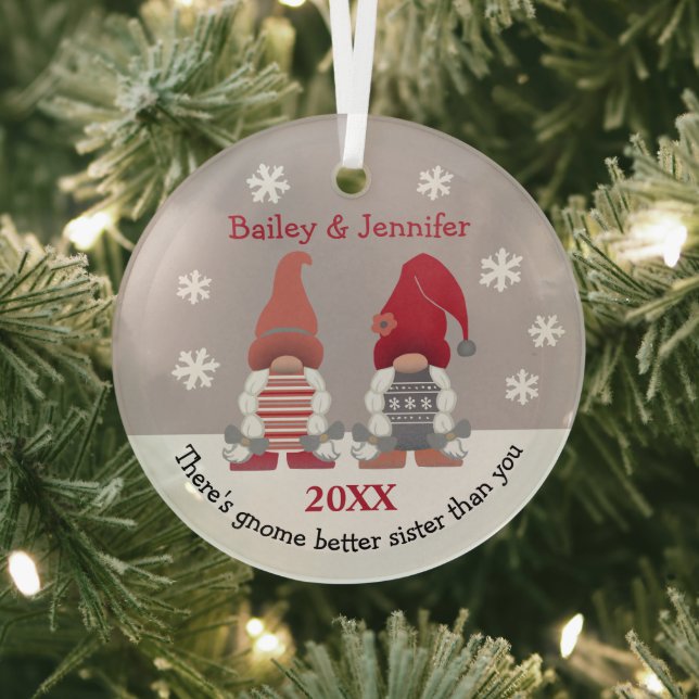 Ornement En Verre Cute Gnome Meilleure Soeur Rouge Rose Grey Blanc (Insitu)