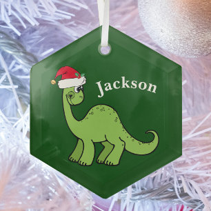 Ornement En Verre Cute Kids Christmas Dinosaur Vert Personnalisé