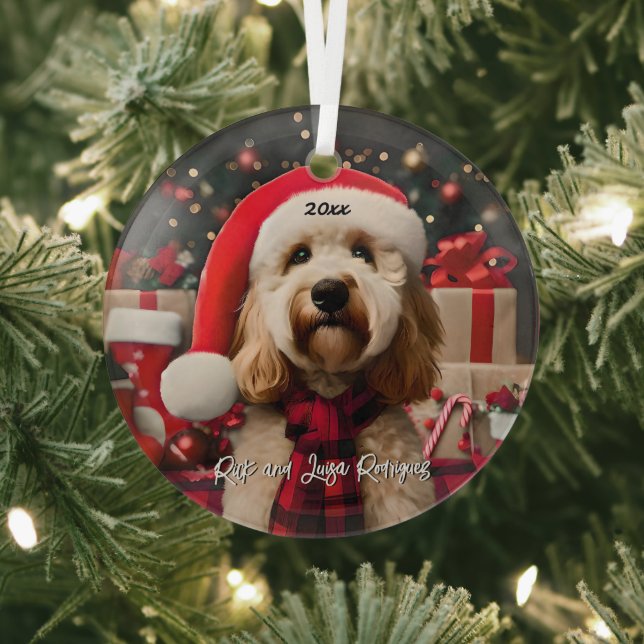Ornement En Verre Cute Labradoodle avec Santa Hat (Insitu)