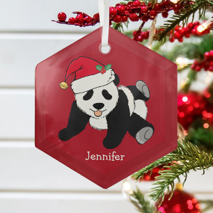 Ornement En Verre Cute Panda Ours Personnalisé Enfants Noël Rouge