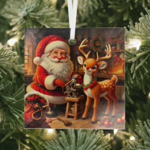 Ornement En Verre Cute Père Noël et Reindeer