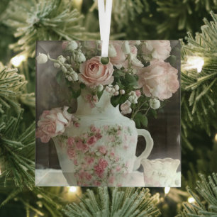 Ornement En Verre De jolies roses roses dans une vieille théière en