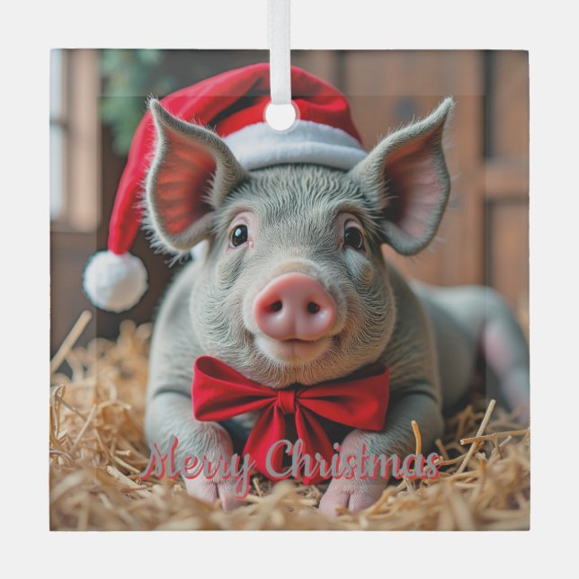 Ornement en verre de porc gris père Noël (Recto)