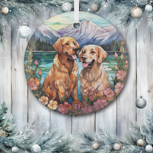 Ornement En Verre Deux chiens Retriever dorés vitrail