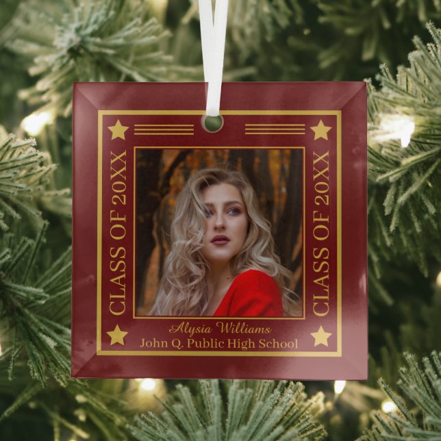Ornement En Verre Deux Photo Dk Red | Gold Class of 2023 Graduation (Insitu)