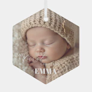 Ornement En Verre Deux Photos Minimaliste Premier Noël de Bébé