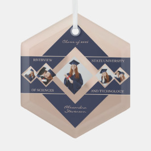Ornement En Verre Diplôme Personnalisé Moderne Rose Bleu Multi‑Photo