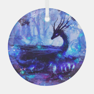 Ornement En Verre Dragon noir, scène de forêt nocturne.