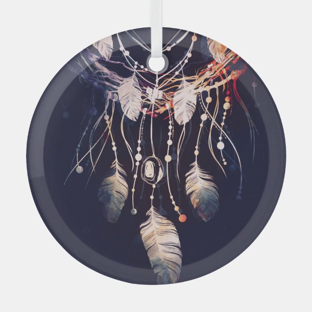 Ornement En Verre Dreamcatcher, branches, style boho, art numérique. (Recto)