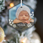 Ornement En Verre Drifting Snowflakes Baby Photo Add Name & Year<br><div class="desc">Beautiful glass Christmas ornament to celebrate your baby's first Christmas. Add a photo of your baby,  boy or girl,  and their name and the year. White snowflakes are printed on your photo to give it a beautifully wintery feel.</div>