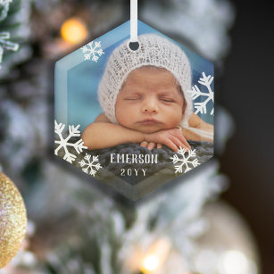 Ornement En Verre Drifting Snowflakes Baby Photo Add Name & Year