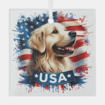 Ornement en verre du Golden Retriever patriotique