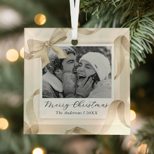 Ornement En Verre Elegant Crème Gold Bow Photo Holiday