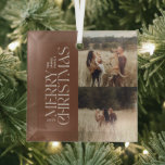 Ornement En Verre Élégant feuillage naturel brun moderne photo minim<br><div class="desc">Elégant multi photo moderne minimaliste marron aquarelle typographie botanique Joyeux décor de Noël.</div>