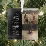 Ornement En Verre Élégant feuillage noir moderne photo minimale<br><div class="desc">Elégant multi photo moderne minimaliste noir et blanc aquarelle typographie botanique Joyeux décor de Noël.</div>