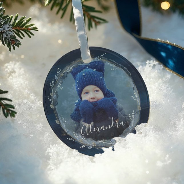 Ornement En Verre Elégant Marine Aquarelle Encre & Bijoux Photo Wrea (Elegant Navy Watercolor Ink & Jewels Photo Wreath Glass Ornament)