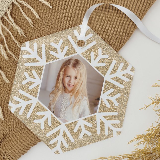 Ornement En Verre Élégant minimal Parties scintillant or Snowflake p (Elegant Minimal Gold Glitter Snowflake Photo Glass Ornament)