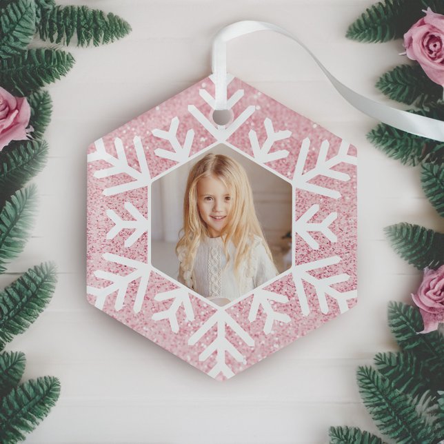 Ornement En Verre Élégant minimal Parties scintillant rose Snowflake (Elegant Minimal Pink Glitter Snowflake Photo Glass Ornament)