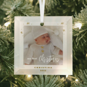 Ornement En Verre Elegant My First Christmas Baby's Photo 