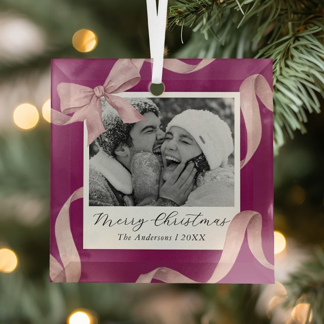 Ornement En Verre Élégant Pink Bow Photo Holiday (Créateur téléchargé)