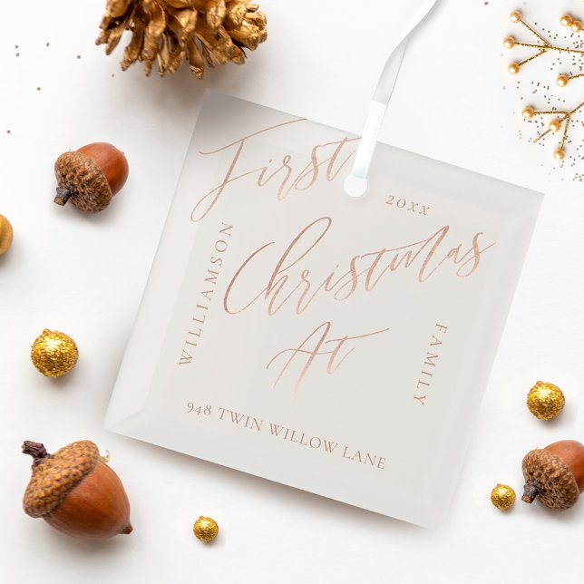 Ornement En Verre Élégant Rose Gold Calligraph Noël Nouveau Accueil (Elegant Rose Gold Calligraph Christmas New Home Glass Ornament)
