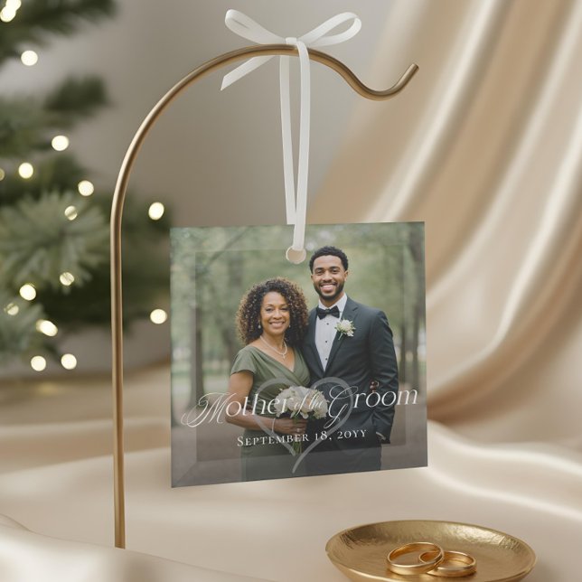 Ornement En Verre Élégant Script Mère de la chambre photo Keepsaké (Elegant Script Mother of the Groom Photo Keepsake Glass Ornament)