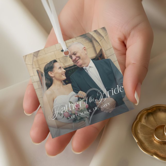 Ornement En Verre Élégant Script Père de la mariée photo Keepsaké (Elegant Script Father of the Bride Photo Keepsake Glass Ornament)