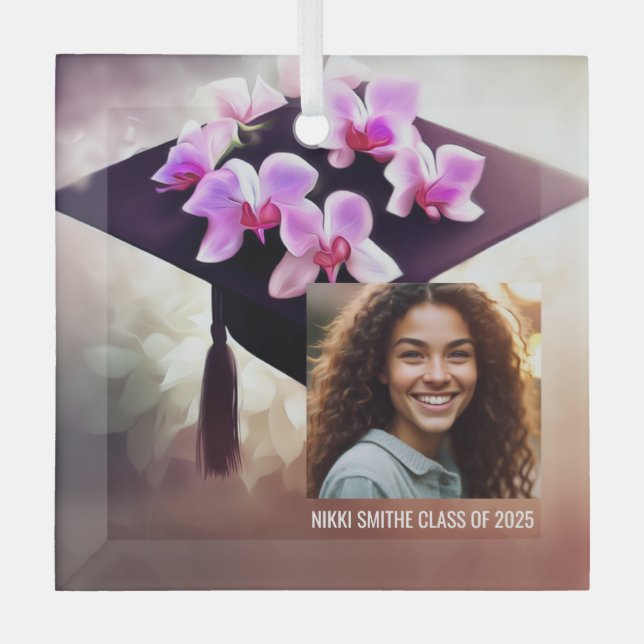 Ornement En Verre Élégant Unique Orchidées Graduation (Recto)