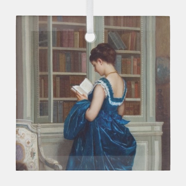 Ornement En Verre Elegant Victorian Woman Reading in Library  (Recto)
