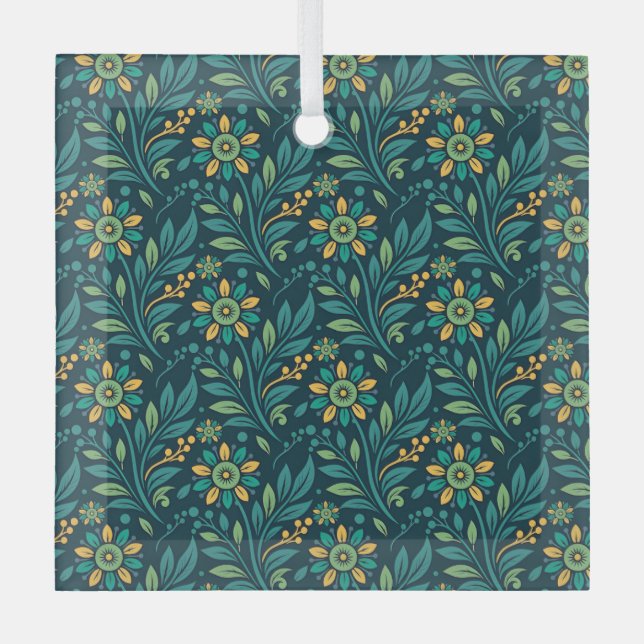 Ornement En Verre Elegant Yellow and Teal Floral Pattern Design (Recto)